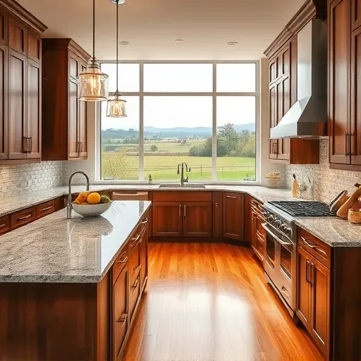 Renovated Lawrenceburg KY kitchen with granite countertops stainless steel appliances custom wood cabinetry island natural light hardwood floors countryside view