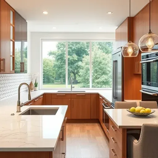 Modern kitchen remodel in Frankfort KY featuring custom cabinetry, marble countertops, elegant tiles, and ambient lighting.