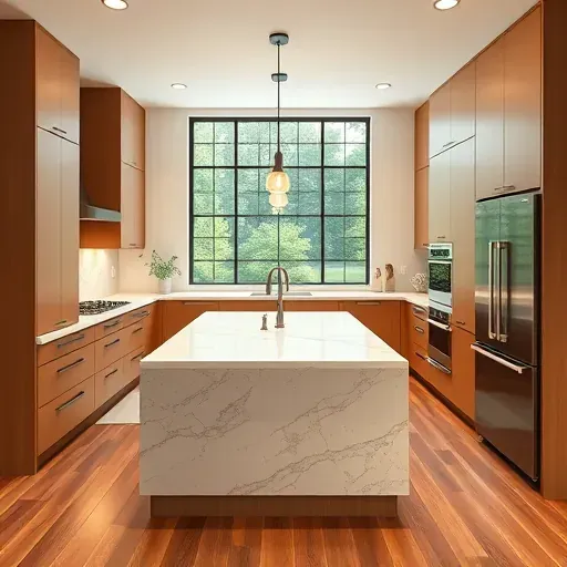 Completed kitchen remodel in Nonesuch KY with modern cabinetry, marble island, stainless appliances, and lush outdoor view.