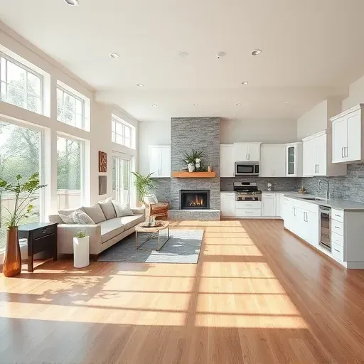 Spacious living room in New Castle KY with modern open-plan design, sleek hardwood floors, fireplace, and gourmet kitchen.