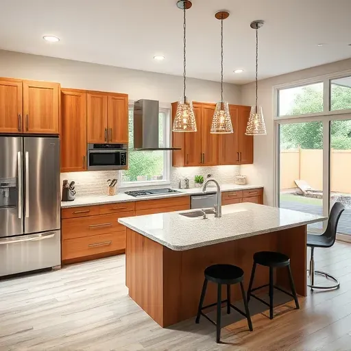 Completed modern kitchen in Bardstown KY with warm wood cabinets stainless steel appliances granite island and natural light