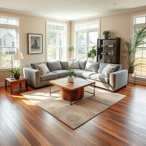 Cozy modern living room remodel in Midway KY featuring wood floors, sectional sofa, art, and natural light.