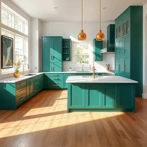 Modern kitchen remodel in Lockport KY with emerald cabinetry, quartz countertops, and warm oak flooring.