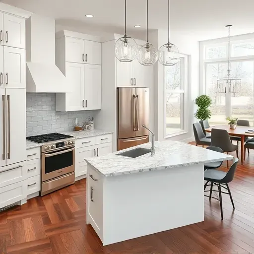 Freshly remodeled kitchen in Lawrenceburg KY with quartz countertops, white cabinetry, and spacious island, showcasing modern luxury.