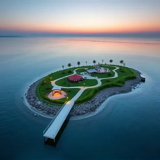 Newly built landscaped island in Lawrenceburg Kentucky with modern pier, lush greenery, pavilions, and sunset views