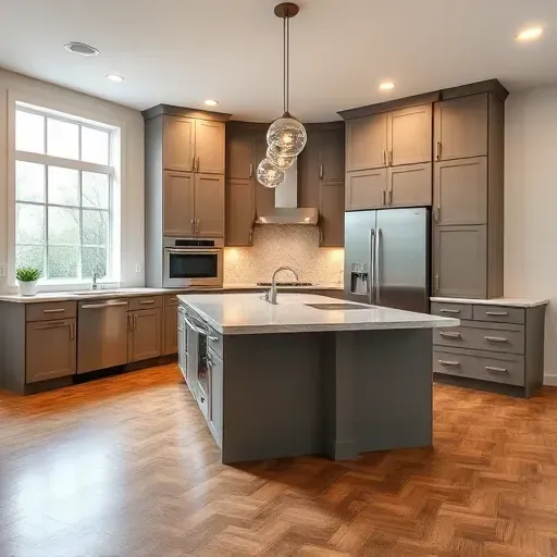 Modern kitchen remodel in Lawrenceburg, KY featuring sleek cabinetry, stainless steel appliances, and spacious island with stone countertop.