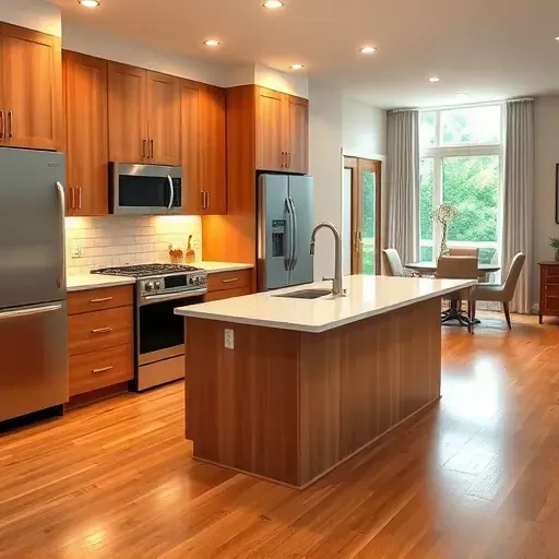 Modern renovated kitchen in Lawrenceburg KY with sleek wood cabinetry, quartz island, stainless appliances, and hardwood floors