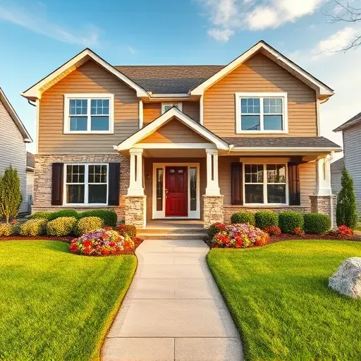 Renovated Lawrenceburg KY home exterior with modern siding, stone accents, manicured lawn, vibrant flowers, and welcoming pathway