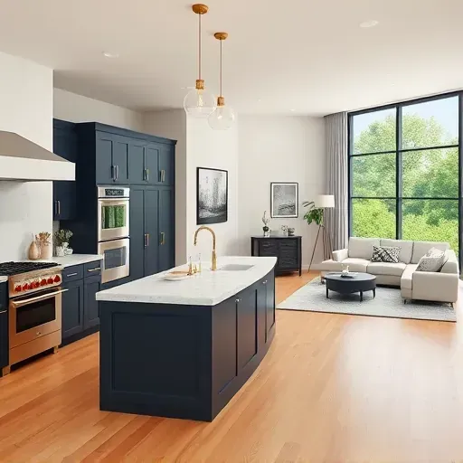 Modern living area in Frankfort KY features open kitchen, navy cabinetry, and natural light filled living room.