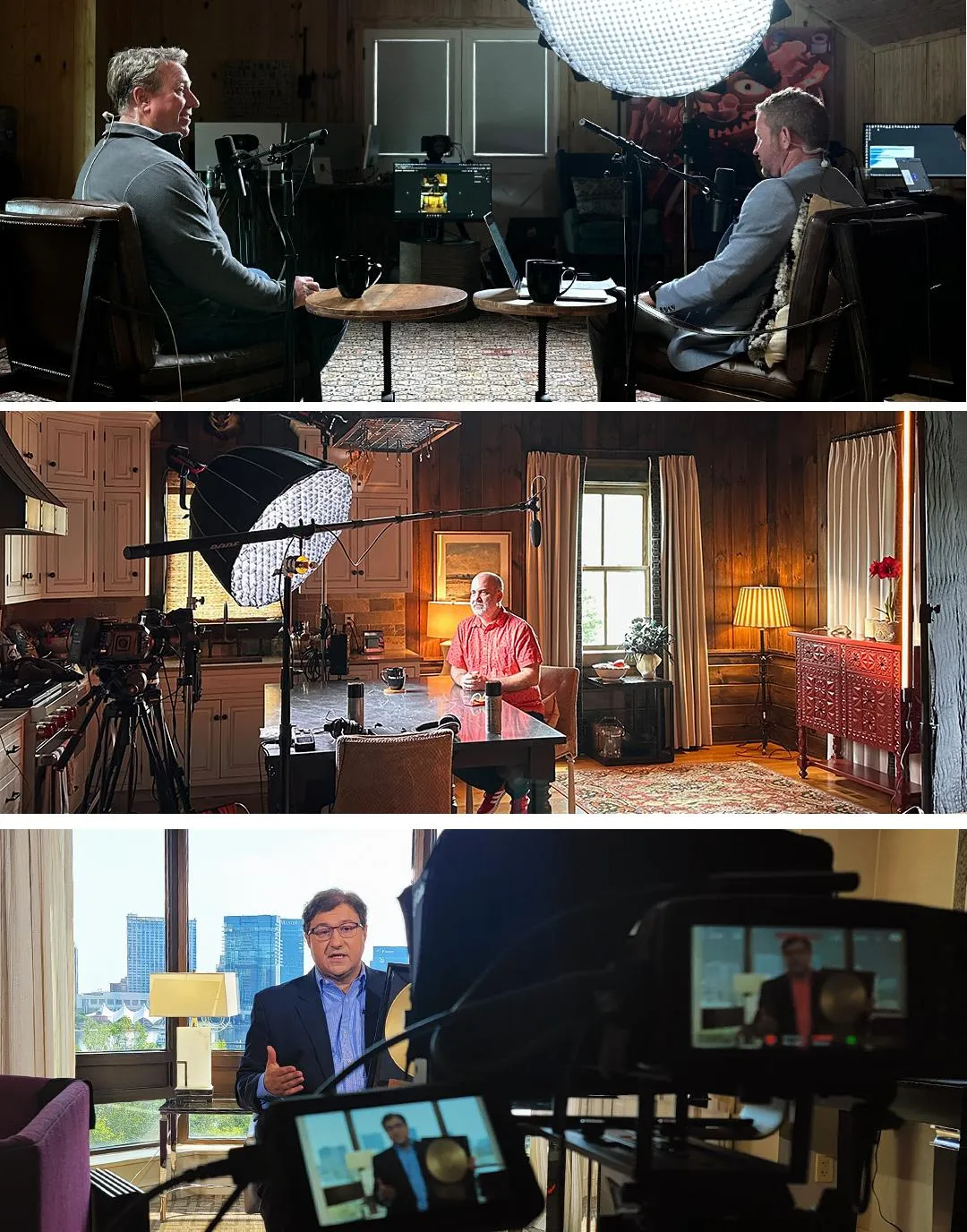 Video Production Shoots with interviews and teleprompter. These sets are filmed for corporate marketing campaigns.