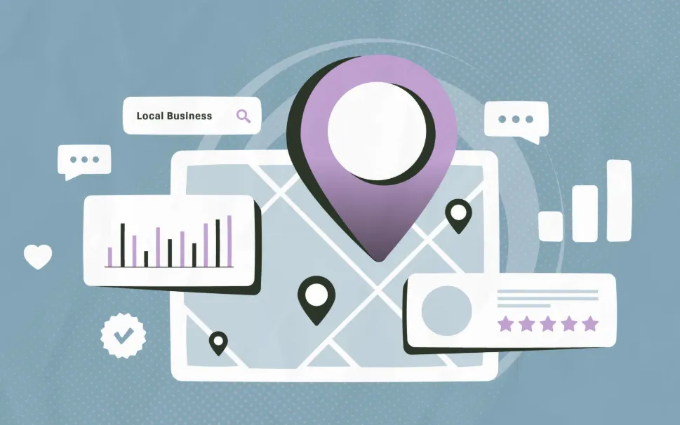 Illustration of local business listings, map location pins, customer reviews, and analytics representing NAP consistency, local SEO, and Google Business Profile optimization.
