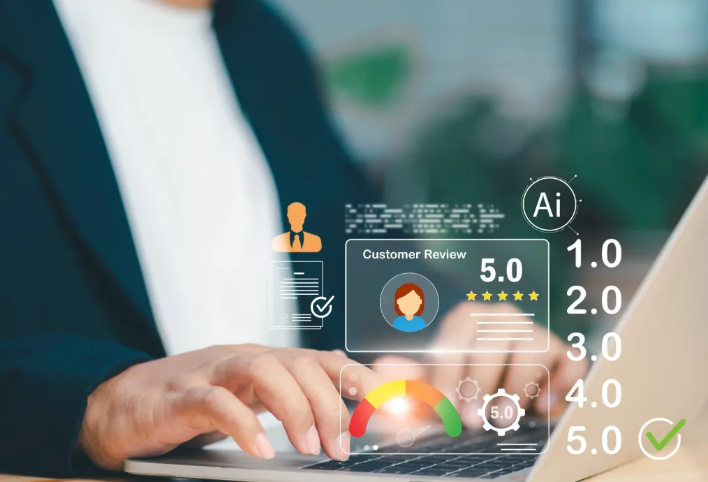Business professional analyzing AI-driven customer reviews, online reputation metrics, and 5-star ratings to improve local SEO and digital visibility.