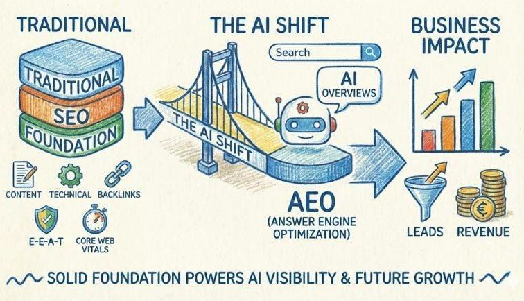 Illustration of a business's digital infrastructure including website, Google Business Profile, reviews, citations, and AI search visibility supporting long-term marketing success.