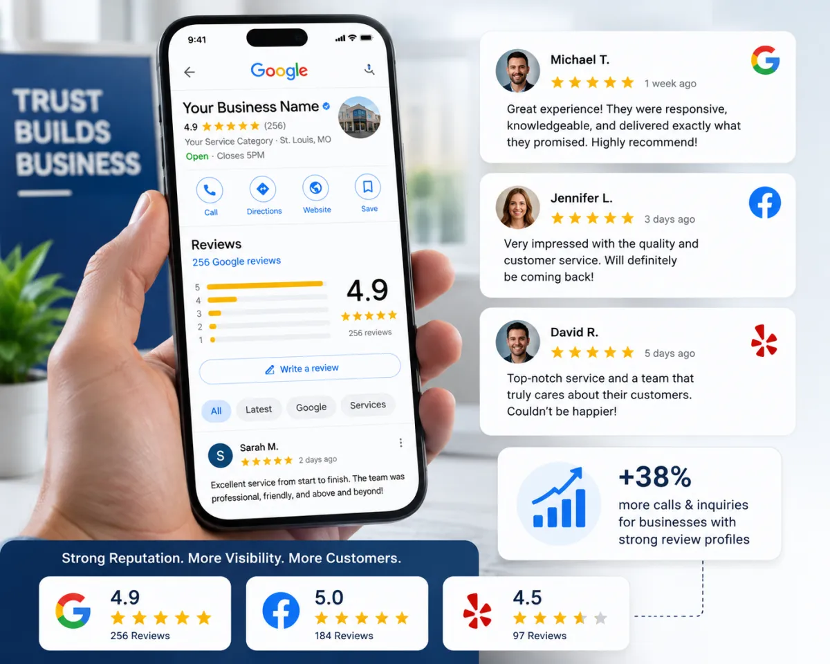 Authority Reputation™ dashboard illustrating Google reviews, online reputation management, customer review generation, and trust signals that improve local SEO, AI visibility, and customer confidence.