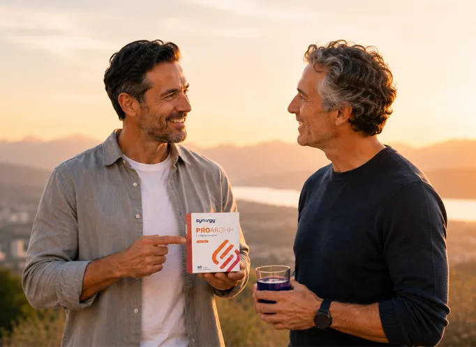 Two men talking warmly outdoors at golden hour, one holding a product box