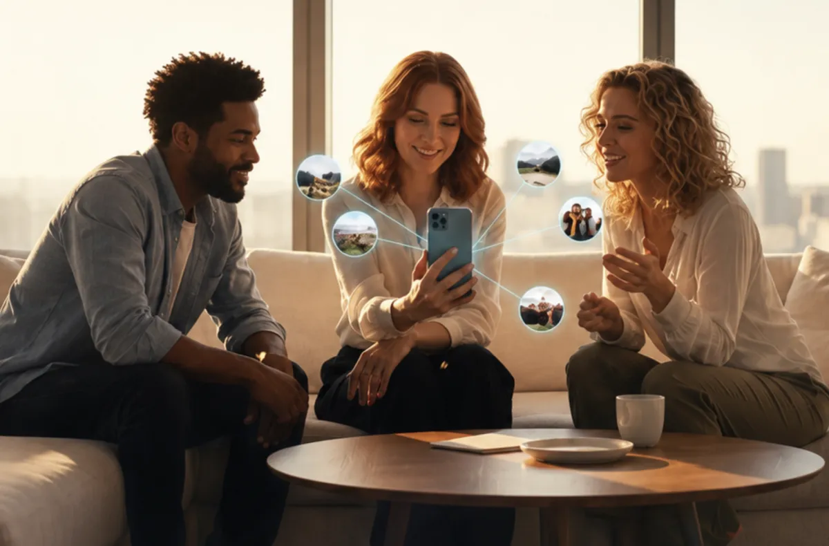A woman showing her phone to friends