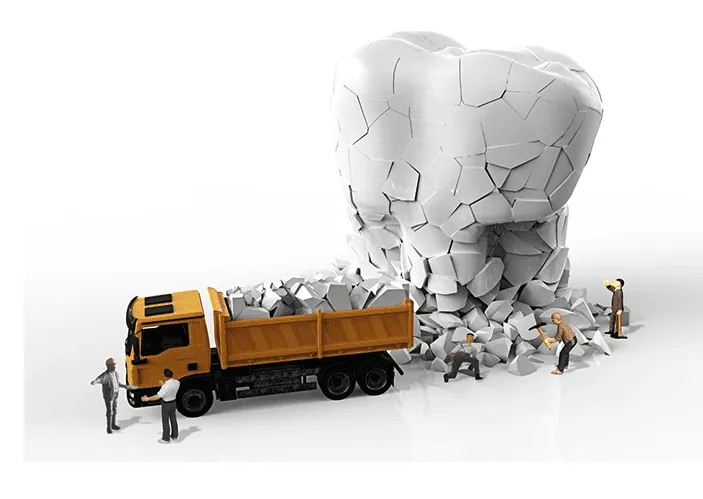 Camion de chantier miniature jaune brisant une grosse dent blanche.