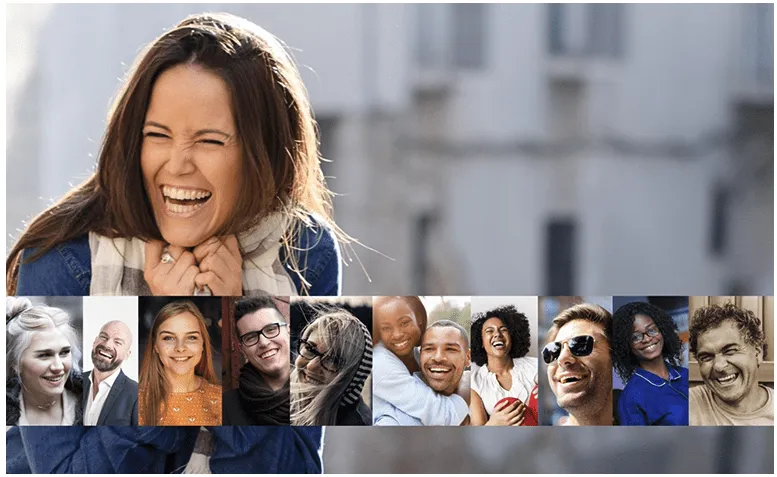 Montage de plusieurs visages de personnes expressives et souriantes, illustrant la diversité des émotions.