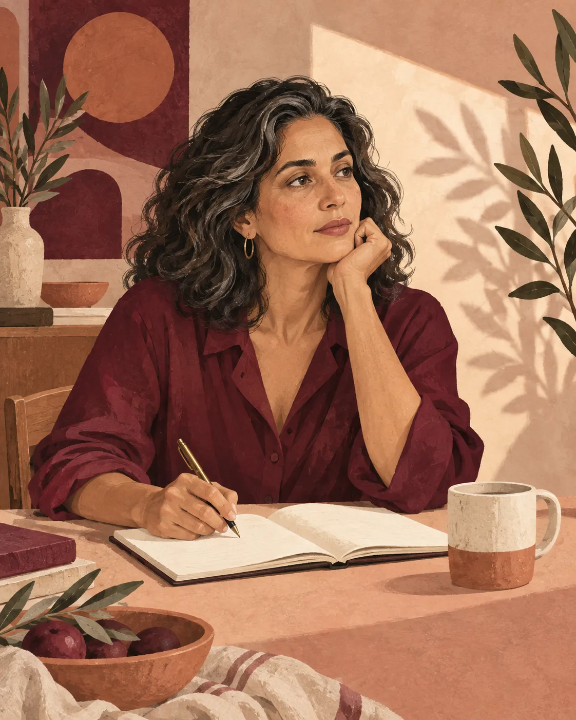 Illustration of a thoughtful woman holding a pen above an open notebook.