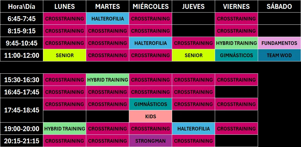 tabla con horario de clases del centro