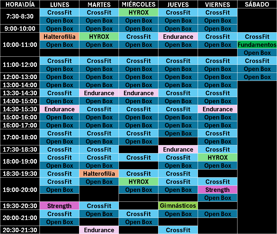 tabla con horario de clases del centro