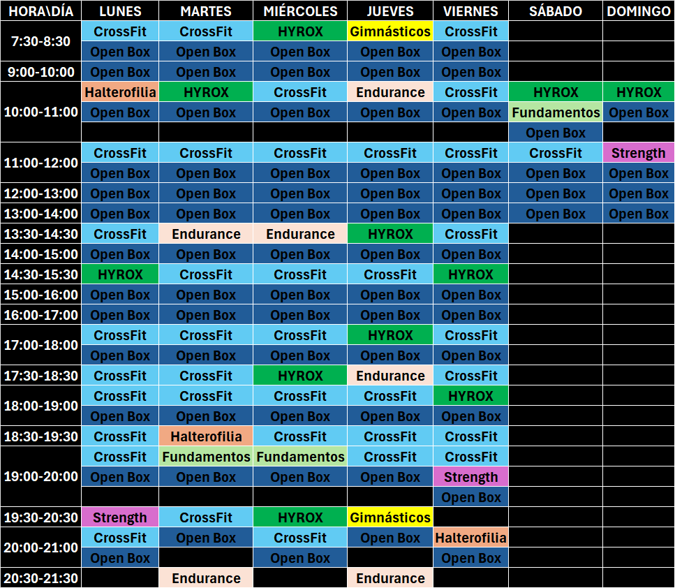 tabla con horario de clases del centro