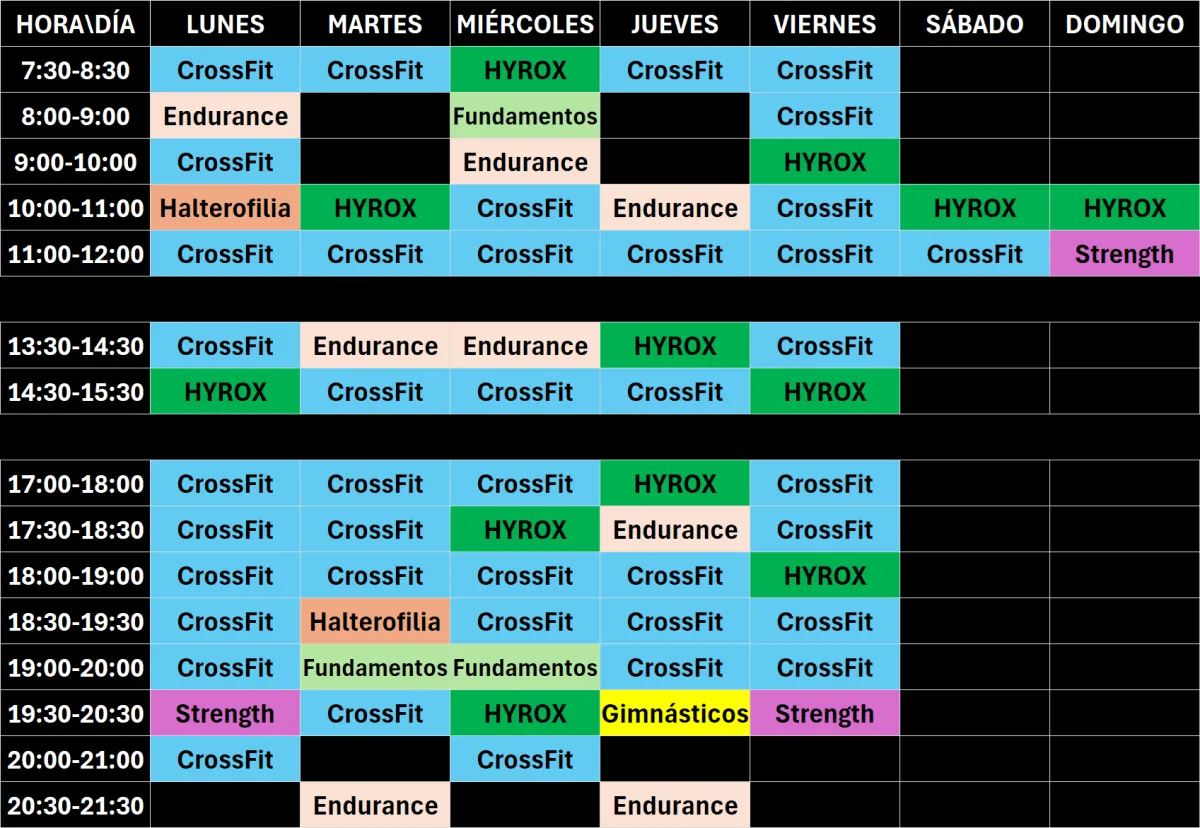 tabla con horario de clases del centro