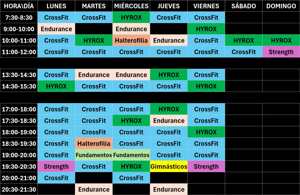 tabla con horario de clases del centro