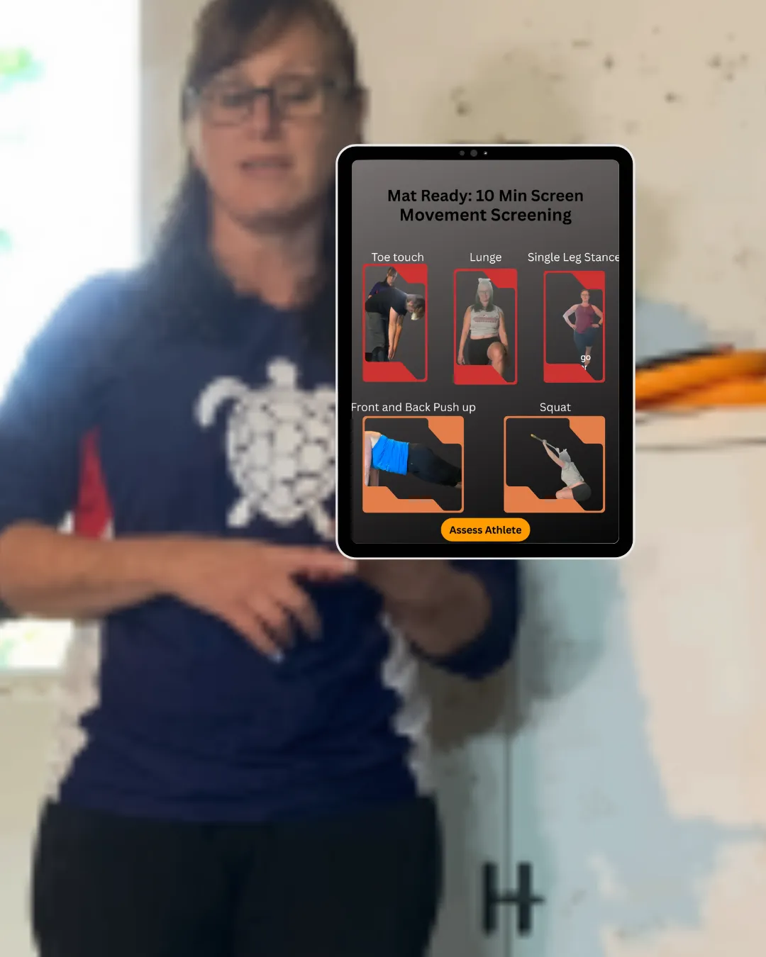 [APP NAME] Movement Screening App Interface on Tablet in Cheer Gym