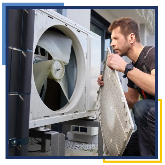 Technician checking a home HVAC system during a repair visit in Conroe, TX