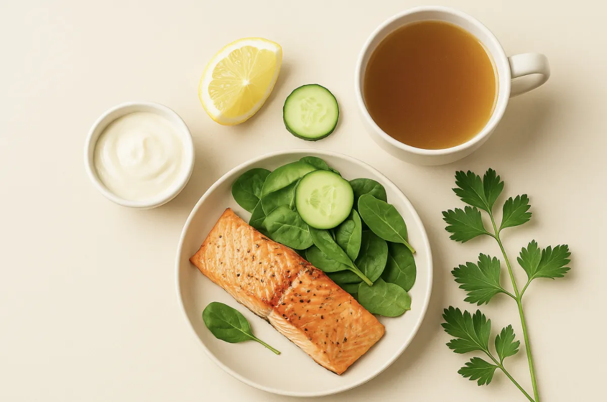 Four people practice yoga in a park.