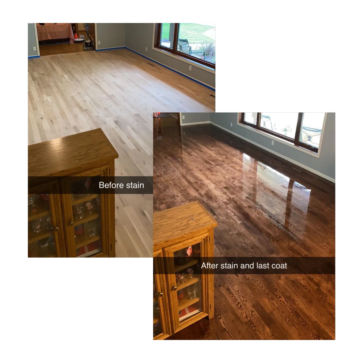 Hardwood floor refinishing before and after comparison showing raw wood sanding and rich stained finish in a Twin Cities home.