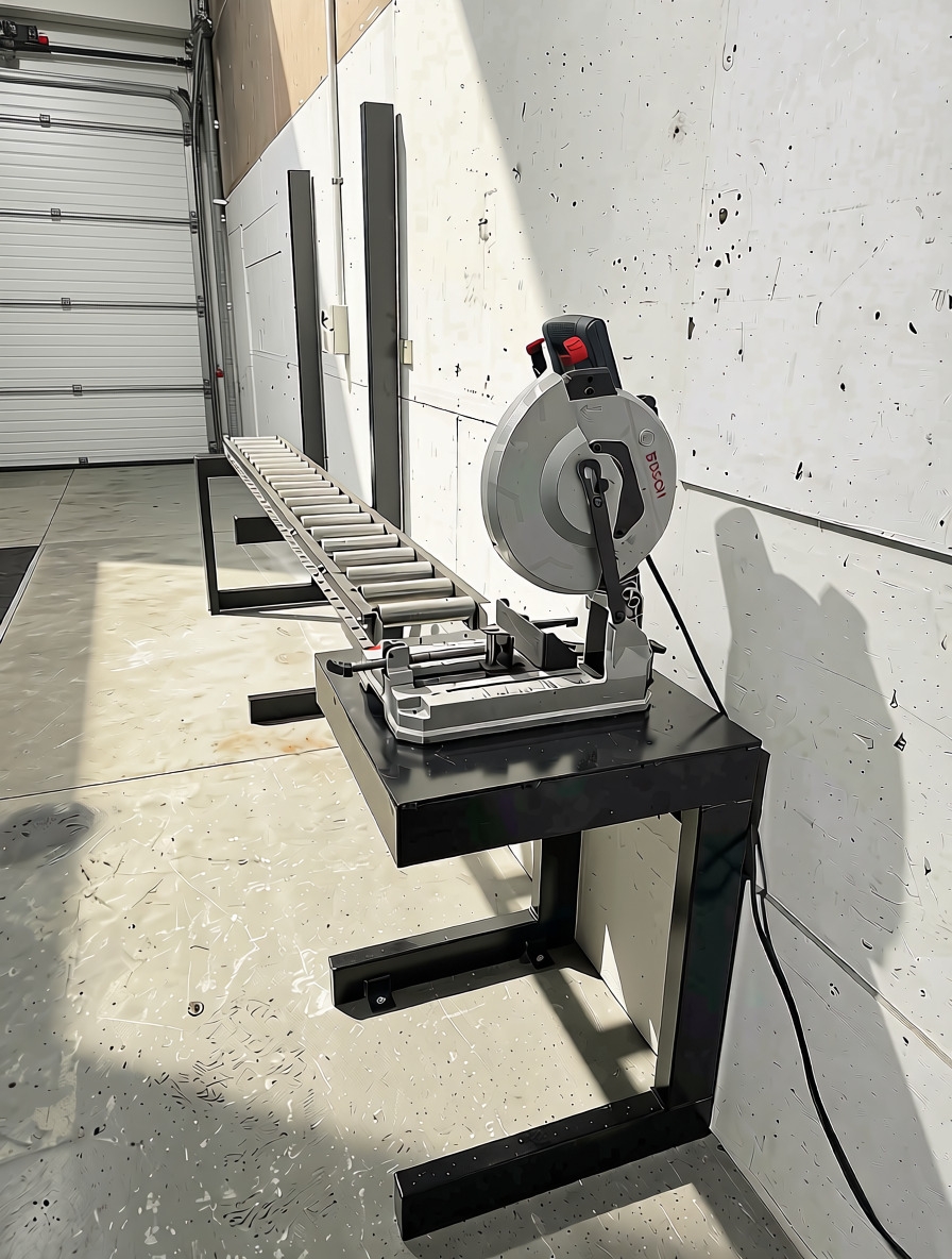 Metal cut-off saw mounted on a custom fabricated steel stand with roller infeed conveyor