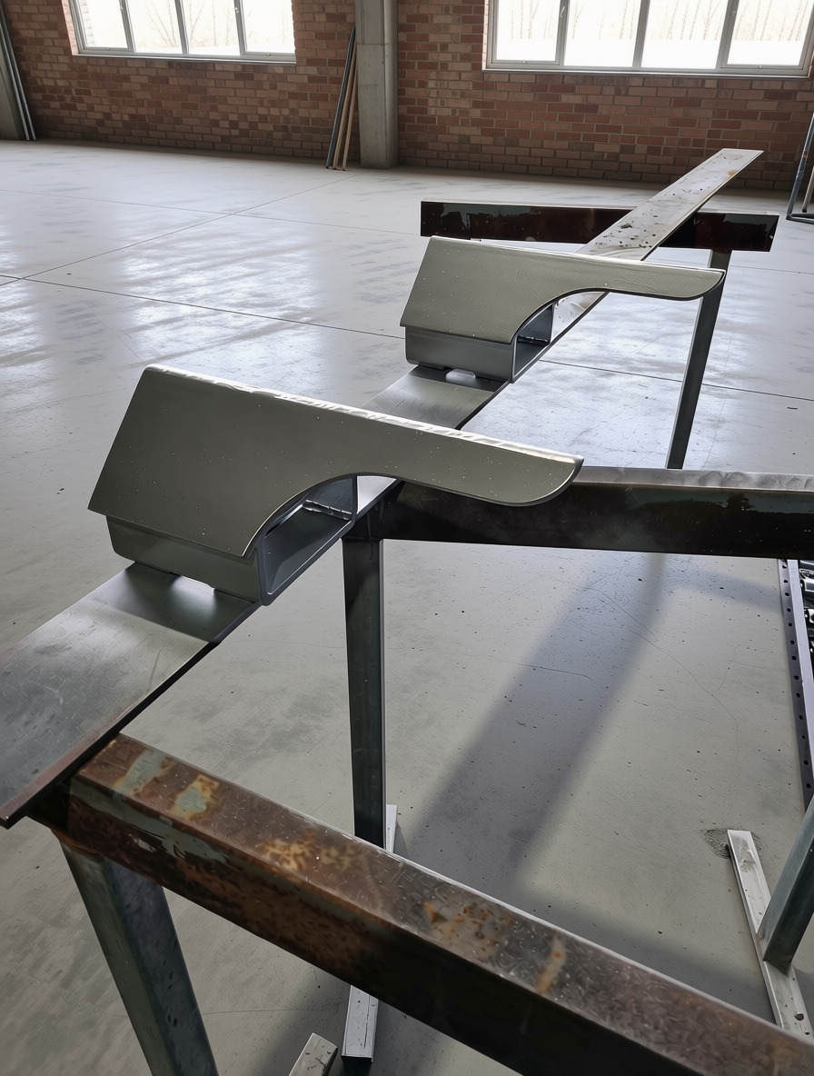 Custom steel bracket components fabricated and set out on a workshop bench