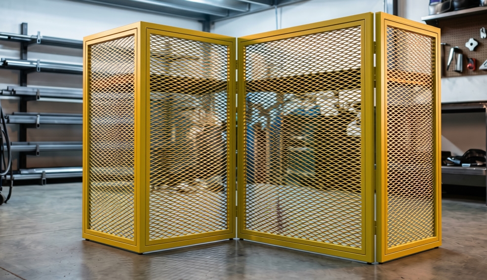 Yellow powder-coated steel mesh safety gate with hinged folding panels for machine guarding