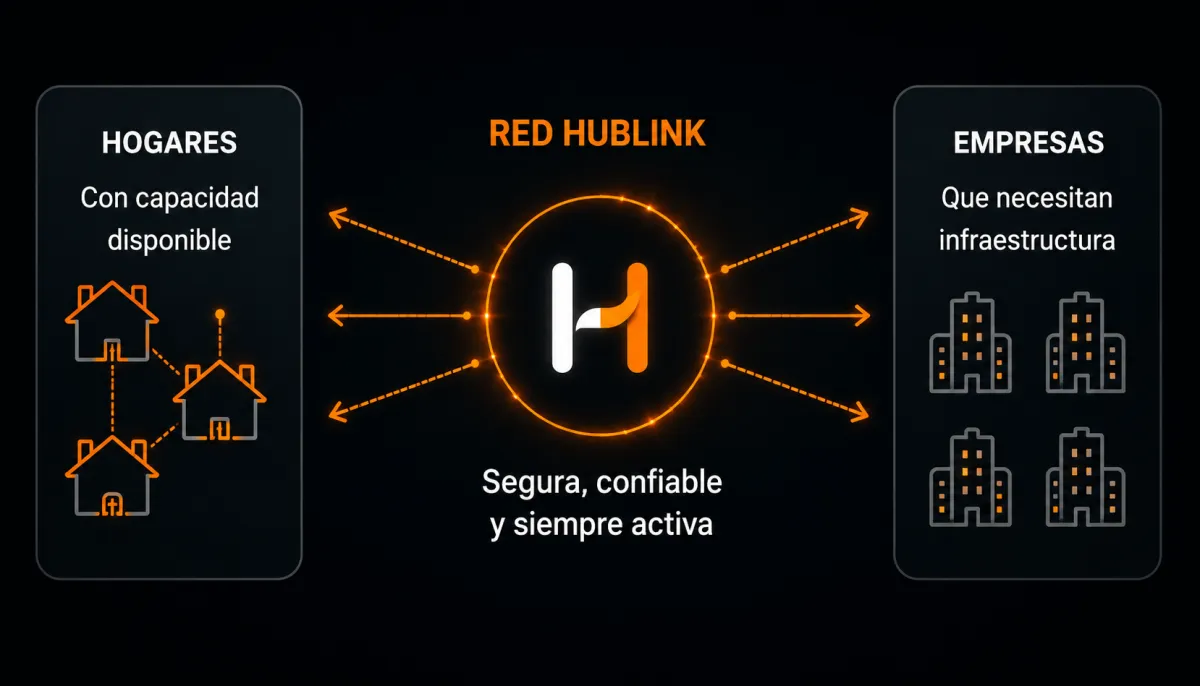 Esquema de la red HubLink que conecta hogares con capacidad de internet disponible y empresas que necesitan infraestructura residencial