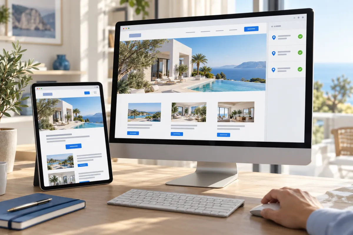 Monitor y tablet muestran una página web adaptada a distintos dispositivos, con indicadores de comprobación por ubicación.