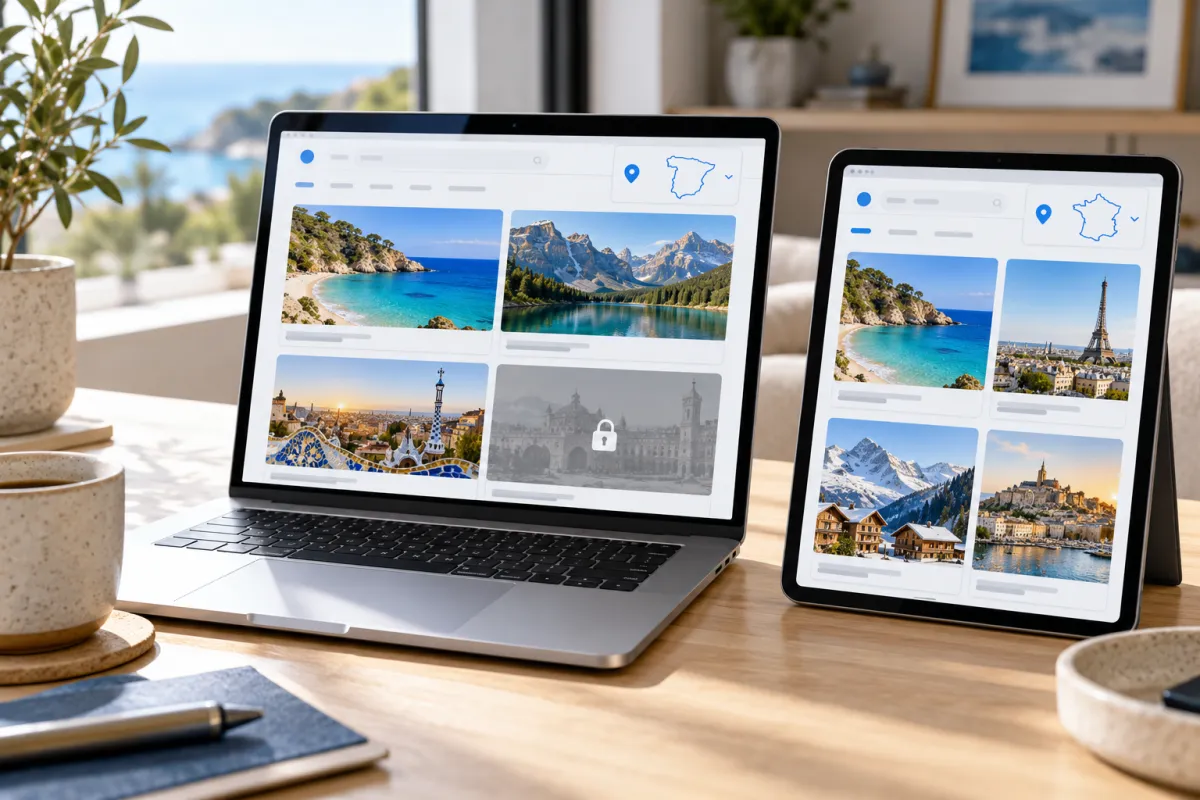 Portátil y tablet muestran distintos contenidos de una misma web según la ubicación seleccionada: España o Francia.