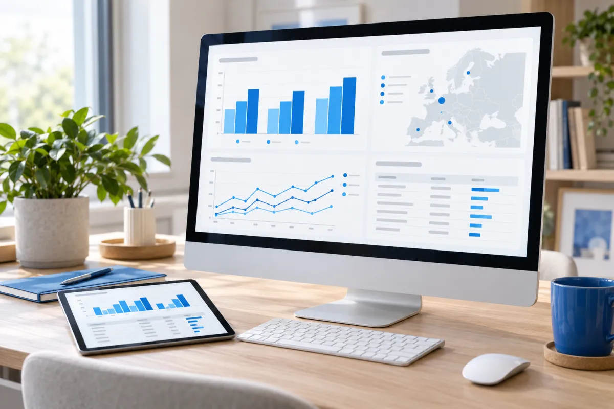 Monitor y tablet muestran gráficos de barras y líneas junto a un mapa de Europa para ilustrar la comparación de datos entre regiones.