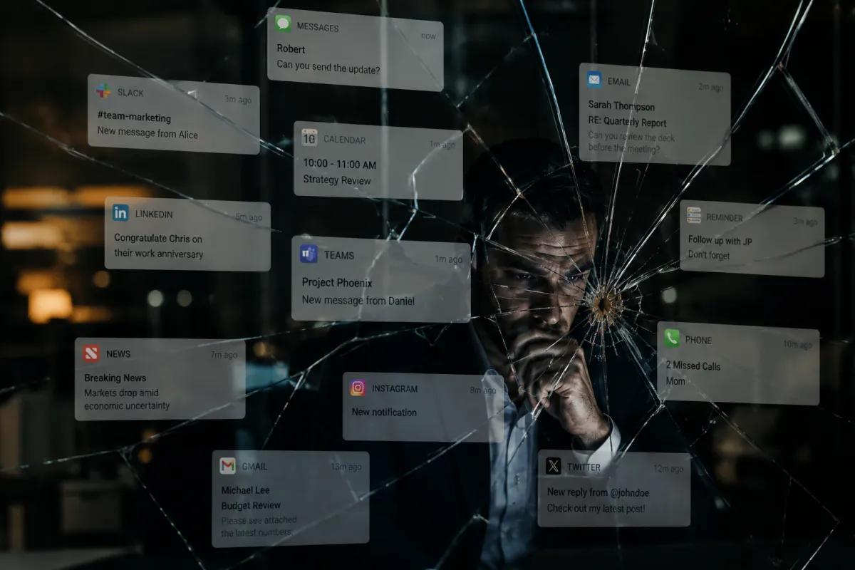 Multiple floating notifications projected across cracked glass.