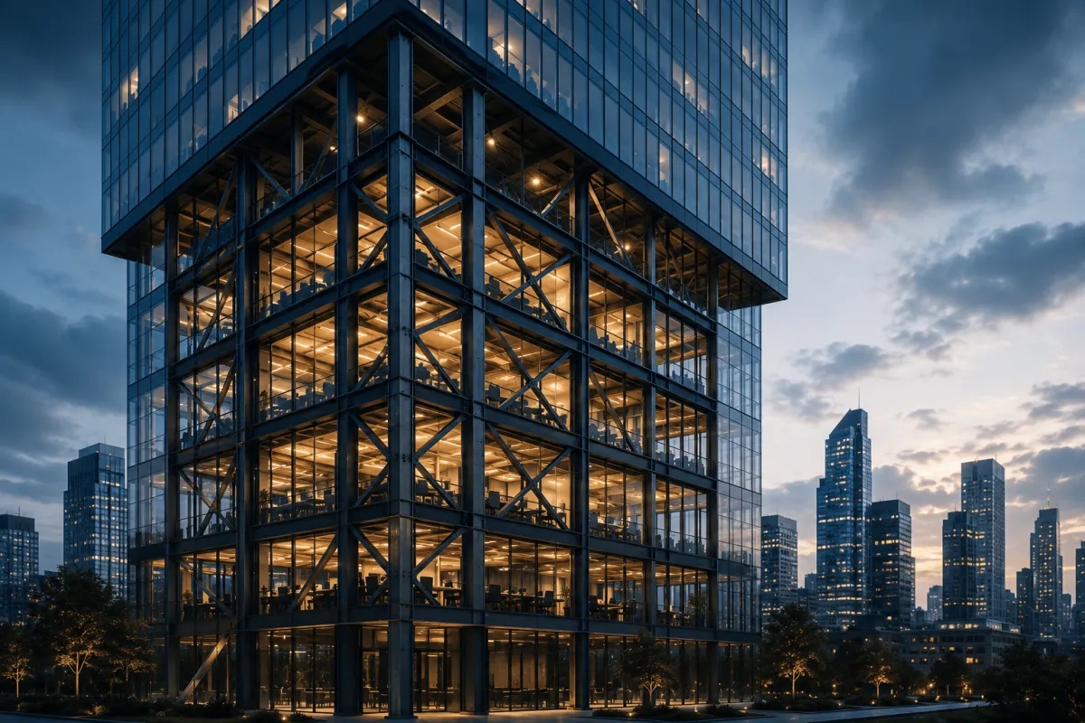 Skyscraper with a city skyline in the background