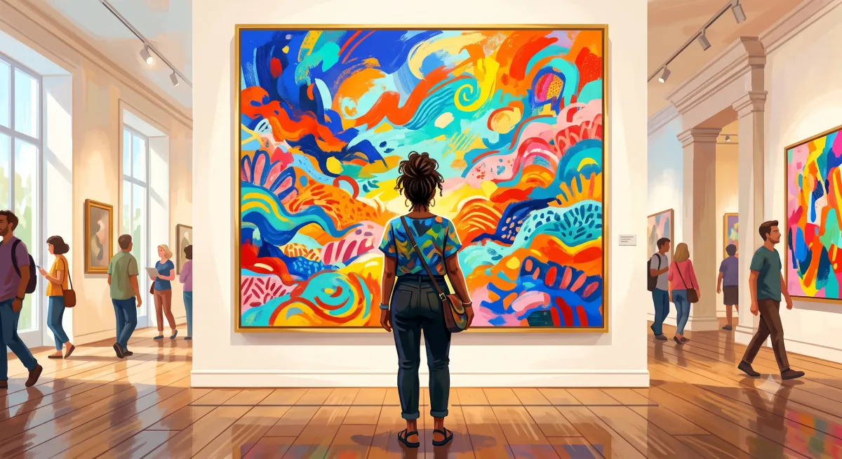 Lady in an art museum admiring a painting