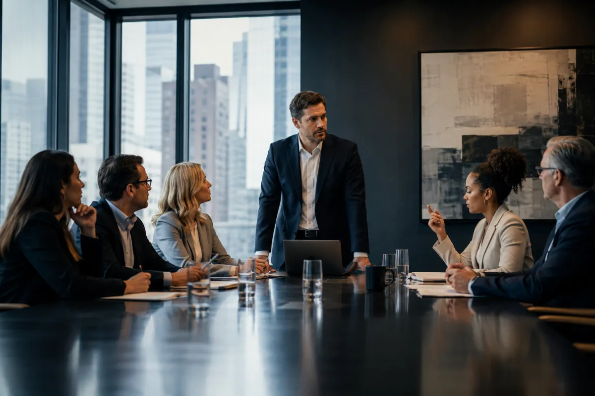Tense but respectful boardroom discussion, with one employee confidently challenging the conversation while everyone else focuses on the founder.