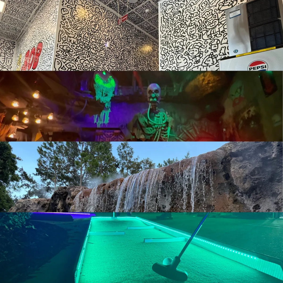 Collage of photos from each destination. From top to bottom: A wall covered in doodles; a huge skelton; a waterfall; a mini golf course light by green neon lights.