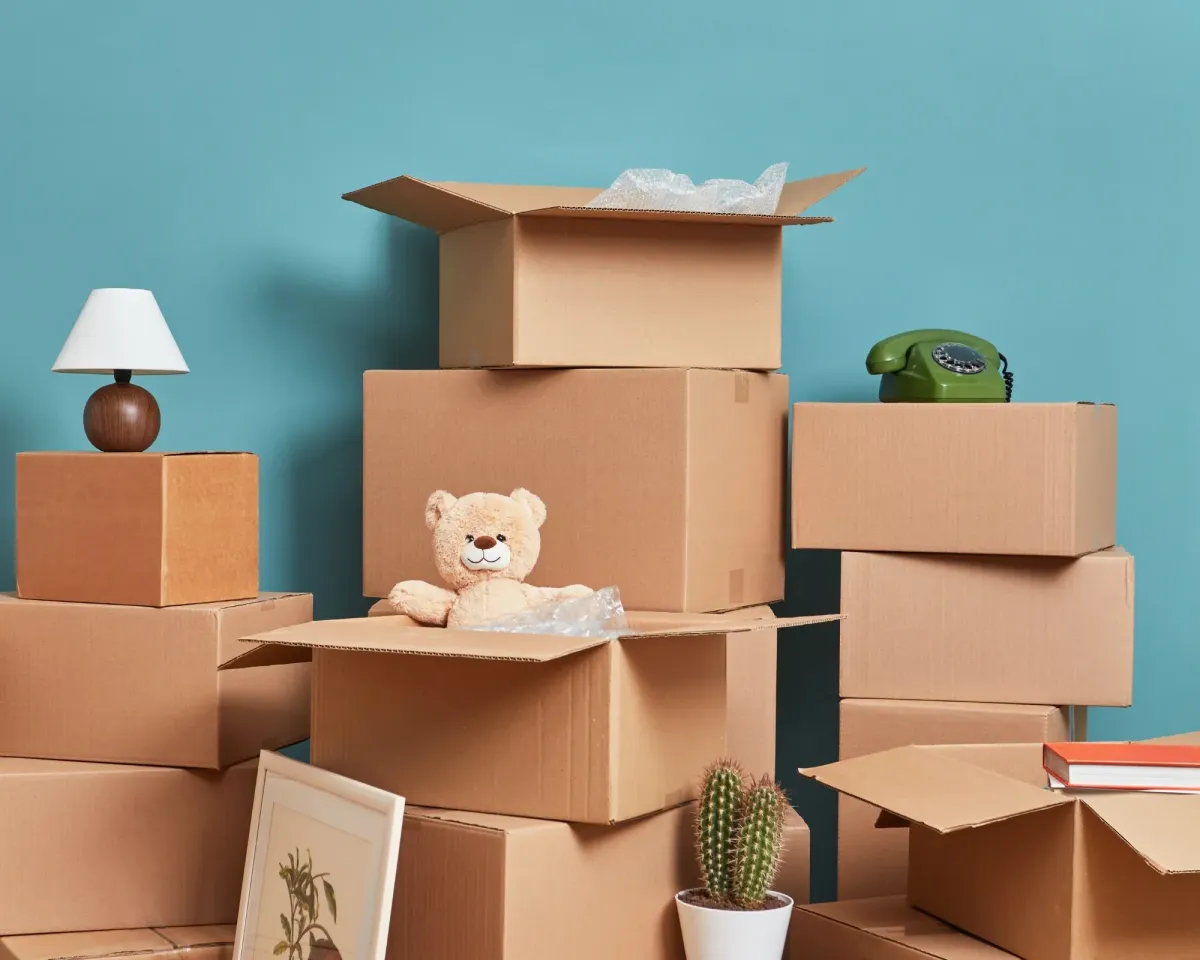 Stacked moving boxes with a teddy bear, lamp, plant, and phone against a blue wall.