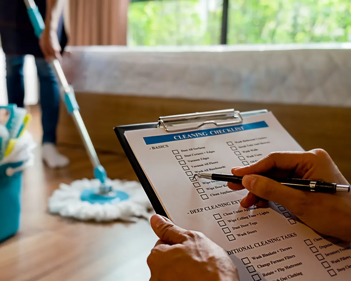 Person holding checklist with pen, another mopping floor in the background.