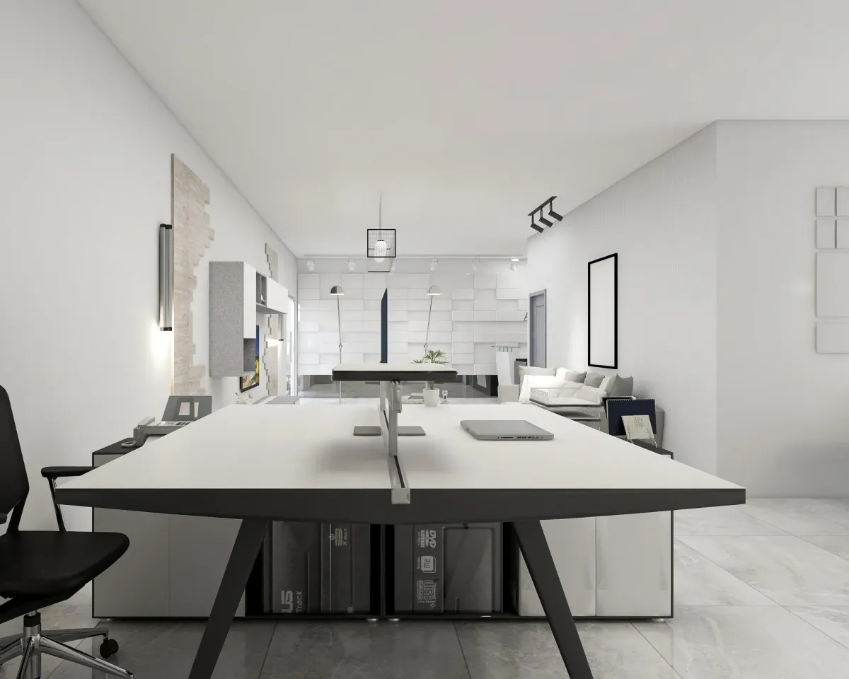 Modern monochrome home office with desk, chair, and adjacent living area.