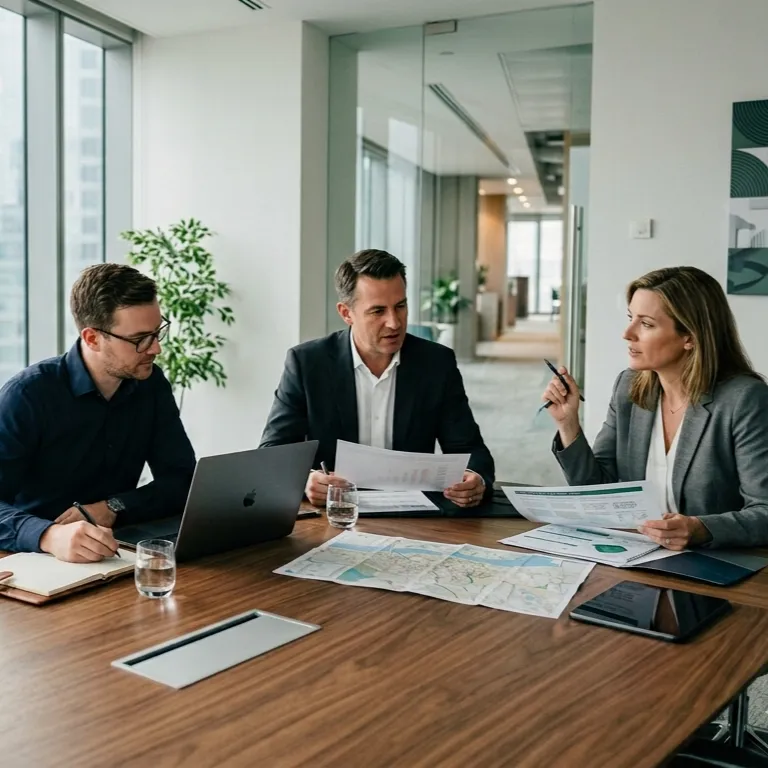 Business strategy consulting team meeting discussing growth planning and operational strategy in a modern office