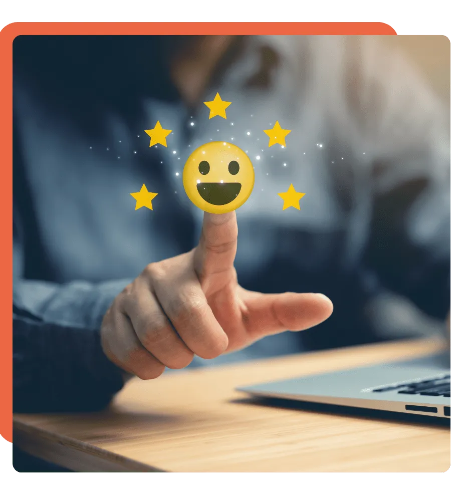 A person touching a happy face with stars, representing high customer ratings and positive online reviews.