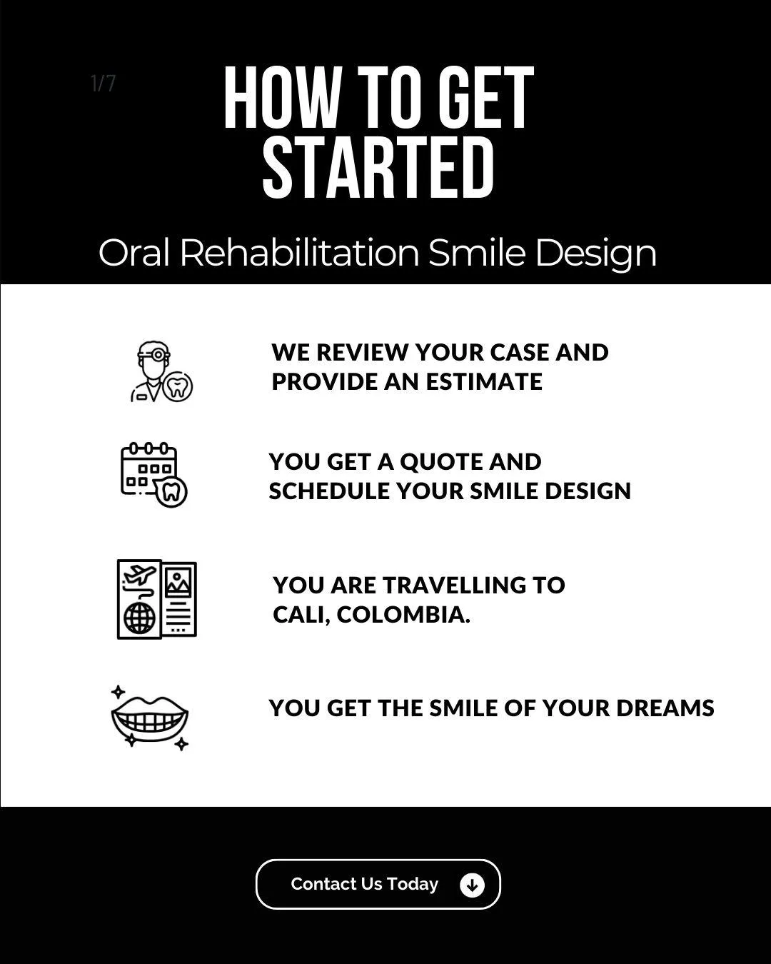 We review your case and provide an estimate 0-0-0 ロロロ You get a quote and schedule your smile Design 宮 = You are travelling to Cali, Colombia. You get the smile of your dreams